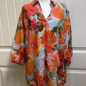 Joie Orange Floral Linen Top 100% linen relaxed fit button up summer boho